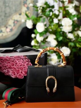Gucci Dionysus Smooth Calfskin Black Bamboo Handle Hand Bag w/ Shoulder Strap